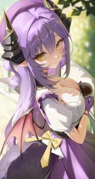 1girl absurdres black_horns blurry blurry_background blurry_foreground bow breasts cleavage commentary cup depth_of_field dragon_horns dragon_tail dragon_wings dress drinking_glass gloves hair_between_eyes hair_intakes hat highres holding holding_cup horns iozikn large_breasts long_hair looking_back pointy_ears purple_dress purple_gloves purple_hair purple_hat railing sakihane_huya sidelocks smile solo standing stellive tail tree virtual_youtuber white_bow white_dress wings yellow_bow yellow_eyes