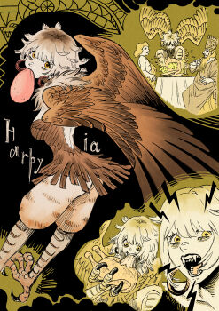 Rule 34 | 1boy, 2girls, 58polar, absurdres, animal feet, brown feathers, brown hair, brown wings, claws, earrings, eating, feathered wings, feathers, food, green background, harpy, highres, hoop earrings, jewelry, looking at viewer, looking back, meat, monster girl, mouth hold, multiple girls, multiple views, neck feathers, orange eyes, original, talons, winged arms, wings