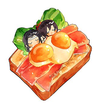 2boys amana_raika bacon black_hair blush blush_stickers bread bread_slice chibi chibi_only closed_eyes egg_(food) food food_focus fried_egg hair_ribbon headband in_food lan_wangji lettuce long_hair lying male_focus mini_person miniboy modao_zushi multiple_boys on_back open_mouth parted_bangs ponytail red_ribbon ribbon sandwich simple_background sleeping twitter_username under_covers watermark wei_wuxian white_background white_headband yaoi