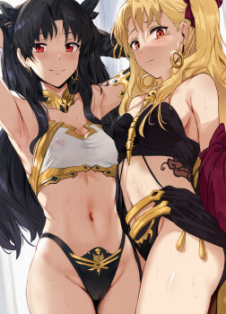 2girls armlet armpits arms_behind_head bare_shoulders bikini black_bikini black_hair blonde_hair blush breasts closed_mouth detached_sleeves earrings ereshkigal_(fate) fate/grand_order fate_(series) female_focus frown gold_trim hair_ribbon hews highleg highleg_bikini highres hoop_earrings ishtar_(fate) jewelry long_hair looking_at_viewer medium_breasts midriff mismatched_bikini multiple_girls navel neck_ring orange_eyes parted_bangs red_eyes ribbon shawl siblings single_detached_sleeve single_thighhigh sisters skindentation skull smile spine stomach sweat swimsuit tears thighhighs thighs tiara two_side_up