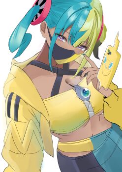 1girl absurdres aqua_hair bandeau black_mask blonde_hair breasts canari_(pokemon) center-flap_bangs cleavage criss-cross_straps crop_top curly_sidelocks fake_hair_bun gen_4_pokemon highres jacket large_breasts looking_at_viewer mask mega_ring mega_stone midriff mouth_mask multicolored_hair nakano_kura navel nintendo pokemon pokemon_(creature) pokemon_legends:_z-a purple_eyes rotom rotom_phone short_twintails simple_background split-color_hair twintails two-tone_hair two-tone_mask underboob white_background yellow_bandeau yellow_jacket yellow_mask