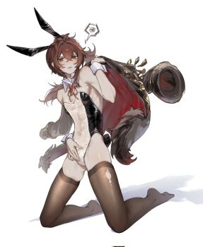 1boy animal_ears black_thighhighs covered_navel crossdressing crossdressing_(mtf) detached_collar diluc_(genshin_impact) fake_animal_ears full_body genshin_impact highres holding_unworn_jacket kneeling leotard looking_at_viewer male_focus male_playboy_bunny rabbit_ears rabbit_tail simple_background solo strapless strapless_leotard tail thighhighs torn_clothes torn_thighhighs transparent_leotard white_background wrist_cuffs zehuij