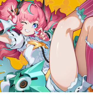 1girl absurdres aqua_hair aqua_streaks aria_(zenless_zone_zero) blue_eyes bow_legwear breasts center_frills commentary_request dress fingerless_gloves frilled_sleeves frilled_socks frills gloves grin heart highres holding holding_heart leg_up looking_at_viewer multicolored_hair one_eye_closed pink_gloves pink_hair pink_socks qian_fan_kui small_breasts smile socks solo streaked_hair w w_over_head white_dress white_wings wings yellow_background zenless_zone_zero