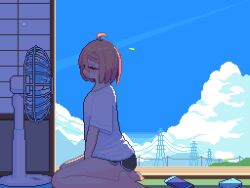 1girl ahoge animated arms_between_legs backlighting barefoot blue_sky blush closed_eyes cloud dolphin_shorts electric_fan fan_speaking hot looping_animation open_mouth orange_hair original pixel_art short_hair shorts sitting sky solo sotie summer thighs v_arms video wariza