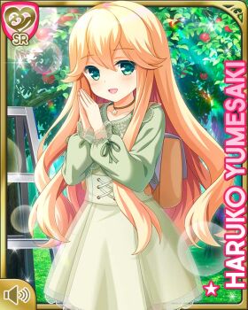 1girl :d alternate_hairstyle apple apple_tree blonde_hair bow card_(medium) character_name day dress food forest frilled_dress frills fruit girlfriend_(kari) green_background green_bow green_dress green_eyes holding holding_food long_hair long_sleeves nature official_art open_mouth outdoors qp:flapper smile standing tagme tree two_side_up yumesaki_haruko