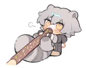 1boy animal_ears black_coat black_gloves blush caelus_(honkai:_star_rail) chibi chibi_only coat eating fingerless_gloves food food_in_mouth full_body gloves grey_hair hair_between_eyes holding holding_food holding_pocky honkai:_star_rail honkai_(series) hood hooded_coat kemonomimi_mode leonrui long_sleeves looking_afar lowres male_focus open_clothes open_coat pocky pocky_day pocky_in_mouth raccoon_ears raccoon_tail shirt short_hair simple_background sitting solo t-shirt tail trailblazer_(honkai:_star_rail) v-shaped_eyebrows white_background white_shirt yellow_eyes