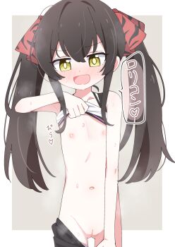 1girl black_hair black_skirt blush cleft_of_venus clothes_lift clothes_pull commentary_request cowboy_shot double-parted_bangs female_focus flat_chest groin hair_between_eyes hair_ribbon highres idolmaster idolmaster_cinderella_girls lifting_own_clothes loli long_hair looking_at_viewer matoba_risa navel nipples nose_blush open_mouth paid_reward_available partial_commentary pulling_own_clothes pussy red_ribbon ribbon shirt shirt_lift sidelocks skirt skirt_pull solo speech_bubble standing steaming_body sweat translated tsumiki_sata uncensored white_shirt yellow_eyes