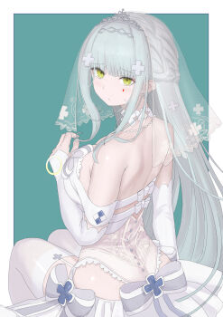 1girl aqua_background aqua_hair back blunt_bangs border braid breasts bridal_veil bride commentary_request detached_sleeves dress garter_straps girls'_frontline girls'_frontline_2:_exilium green_eyes half_up_braid half_updo highres hk416_(girls'_frontline) klukai_(girls'_frontline_2) klukai_(indigo_oath)_(girls'_frontline_2) large_breasts long_hair looking_at_viewer looking_back median_furrow monodrive nontraditional_wedding_dress official_alternate_costume outside_border shoulder_blades sitting solo strapless strapless_dress sweatdrop tattoo teardrop teardrop_tattoo thighhighs thighs tiara twirling_hair veil wedding_dress white_border white_dress white_garter_straps white_thighhighs