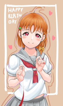 1girl absurdres artist_name artist_request blush bow breasts clover_hair_ornament collarbone detached_sleeves female_focus hair_bow hair_ornament hair_over_shoulder hairclip heart highres holding holding_string long_sleeves looking_at_viewer love_live! love_live!_sunshine!! miniskirt orange_hair parted_lips pleated_skirt red_eyes red_neckwear ribbon sailor_collar school_uniform shirt short_hair skirt small_breasts smile sodmango solo string takami_chika white_shirt yellow_bow