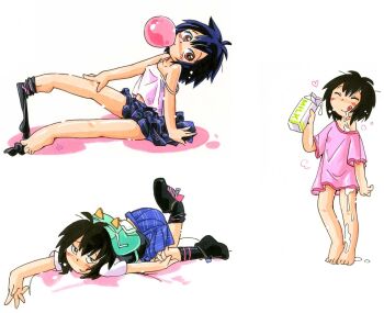 Rule 34 | 1girl, backpack, bag, bare legs, blowing bubbles, blush, breasts, brown eyes, drink carton, happy, heart, highres, hoshino fuuta, leaning back, marvel, milk carton, multiple views, peni parker, perky breasts, seductive gaze, shirt, skirt, small breasts, socks, source request, spider-man: into the spider-verse, spider-man (series), spider-verse, traditional media