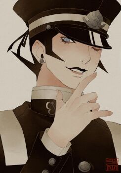 Rule 34 | 1boy, black hair, black jacket, commentary request, devil summoner: raidou kuzunoha vs the soulless army, devil summoner (series), earrings, gakuran, grey eyes, hand up, hat, highres, jacket, jewelry, kuzunoha raidou, looking at viewer, male focus, military operator, one eye closed, parted lips, pertex 777, portrait, school uniform, shako cap, sideburns, smile, solo, stud earrings, white background, yumizuki imperial high school uniform