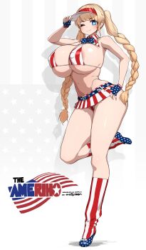1girl absurdres american_flag american_flag_background american_flag_bikini american_flag_footwear american_flag_legwear american_flag_print american_flag_skirt american_flag_swimsuit ameriho_(ameriko) ameriko arched_back areola_slip arm_up armpit_crease artist_name bare_arms bare_hips bare_shoulders belted_skirt bikini blonde_hair blue_bow blue_bowtie blue_eyes blue_shoes blunt_bangs bow bowtie braid breasts character_name closed_mouth colored_eyelashes commentary_request covered_erect_nipples detached_collar diagonal_striped_collar drop_shadow english_text fingerless_gloves flag_print flag_print_bikini gloves hand_on_headwear hat highres huge_breasts huge_nipples kneehighs leg_up logo long_hair looking_at_viewer loose_socks low_twin_braids makino_momiji_(artist) multicolored_bikini multicolored_gloves navel one_eye_closed partial_commentary print_bikini print_shoes print_skirt red_bikini red_hat shadow shiny_skin shoes sideboob sidelighting sidelocks skindentation skirt smile socks solo standing standing_on_one_leg star-shaped_pupils star_(symbol) star_print string_bikini striped_bikini striped_clothes striped_socks swimsuit symbol-shaped_pupils thighs twin_braids two-tone_bikini underboob very_long_hair visor_cap