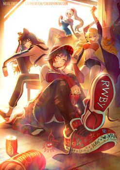 4girls alternate_costume arms_up artist_name bare_shoulders black_boots black_bow black_choker black_hair black_hat black_jacket black_nails black_pants black_pantyhose black_shorts blake_belladonna blonde_hair blue_dress blue_shorts boots bow breasts can chair character_name checkered_hat cherry_in_the_sun choker closed_mouth clothes_around_waist clothes_writing coat coca-cola collarbone colored_inner_hair colored_tips commentary copyright_name crossed_legs denim denim_shorts doodled_object dress drink drink_can english_commentary eyelashes floral_print_jacket full_body grey_eyes grin hair_between_eyes hair_bow hand_on_own_head hand_up hat high_ponytail holding holding_can holding_drink hood hood_down hooded_jacket jacket jacket_around_waist lace lace_choker large_breasts logo long_hair long_sleeves multicolored_hair multicolored_jacket multiple_girls on_chair on_floor open_mouth orange_scarf orange_tube_top paid_reward_available pants pantyhose patreon_username ponytail purple_coat purple_eyes red_arm_warmers red_boots red_hair red_hat red_jacket ruby_rose rwby scar scar_across_eye scar_on_face scarf shoelaces shoes short_shorts shorts signature sitting sleeveless sleeveless_dress sleeves_past_wrists smile sneakers standing strapless strapless_dress streetwear sweatpants tank_top thighhighs torn_clothes torn_pantyhose tube_top two-tone_dress two-tone_hat two-tone_jacket untied_shoelaces wavy_hair weiss_schnee white_dress white_hair white_jacket white_tank_top white_thighhighs yang_xiao_long