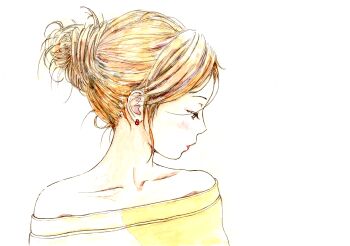 1girl absurdres alternate_costume alternate_hairstyle bare_shoulders bbmasa blue_eyes blush brown_hair collarbone commentary earrings from_side hair_bun hibike!_euphonium highres jewelry kasaki_nozomi lips liz_to_aoi_tori off_shoulder profile simple_background solo traditional_media upper_body white_background