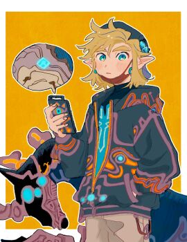 1boy absurdres aqua_eyes aqua_shirt backwards_hat blonde_hair blush border champion&#039;s_tunic_(zelda) commentary_request earrings glowing glowing_eyes grey_pants hair_between_eyes hand_in_pocket hat highres horse jacket jewelry link looking_at_viewer male_focus map master_cycle nintendo orange_background pants parted_lips pointy_ears print_jacket sheikah_slate shirt sidelocks solo sunaoni704 the_legend_of_zelda the_legend_of_zelda:_breath_of_the_wild thick_eyebrows white_border