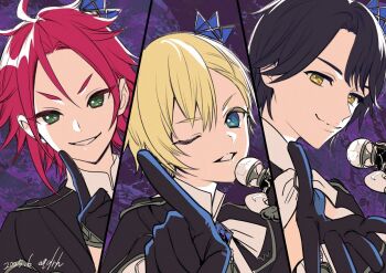 3boys black_gloves blonde_hair blue_eyes blue_hair closed_mouth commentary epaulettes gloves green_eyes hand_up holding holding_microphone idol idol_clothes idol_time_pripara long_sleeves looking_at_viewer male_focus microphone mitaka_asahi multiple_boys offering_hand one_eye_closed pointing pointing_at_viewer pretty_series pripara red_hair short_hair smile takase_koyoi upper_body uruu_akua yellow_eyes yumekawa_shogo