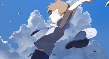 1boy arms_behind_head arms_up bin_aham blue_shirt blue_shorts blue_sky brown_hair closed_eyes closed_mouth cloud collared_shirt cumulonimbus_cloud falling_leaves floating_hat florian_(pokemon) from_side hat highres leaf nintendo pokemon pokemon_scarlet_and_violet shirt short_hair short_sleeves shorts sky smile solo standing stretching unworn_hat unworn_headwear wind