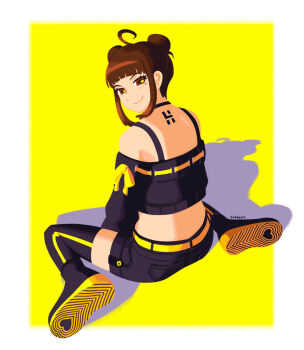 Rule 34 | 1girl, ahoge, bare shoulders, belt, black boots, black shirt, black thighhighs, blunt bangs, boots, border, brown eyes, brown hair, closed mouth, commentary, dededes, double bun, english commentary, eyelashes, full body, hair bun, heart, highres, looking at viewer, looking back, midriff, mole, mole under eye, no lineart, original, shadow, shirt, short hair, sidelocks, signature, simple background, sitting, smile, solo, tattoo, thighhighs, white border, yellow background, yellow belt