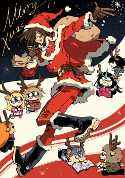 Rule 34 | absurdres, animal costume, animal ears, antlers, belt, belt buckle, black boots, blonde hair, blue eyes, bodysuit, book, boots, brown belt, brown eyes, brown gloves, brown hair, buckle, button eyes, buttons, chibi, christmas, christmas present, christmas stocking, commentary, daiba tadashi, deer ears, emeraldas, english commentary, frills, gift, gift bag, gloves, hair ornament, harlock, harlock saga, hat, highres, holding, holding gift, holding sword, holding weapon, horns, jacket, kei yuki, latex, latex bodysuit, merry christmas, naughty face, ooyama toshiro, open book, pants, pink bodysuit, pirate, pirate costume, pirate hat, pointing, pointing up, queen, queen emeraldas, queen rafflesia, reading, red hat, red jacket, red pants, redregenmann, reindeer antlers, reindeer costume, santa costume, santa hat, scar, scar on face, skull, skull and crossbones, skull hair ornament, smile, space, sparkling eyes, star (sky), striped clothes, striped pants, sword, teeth, uchuu kaizoku captain harlock, weapon