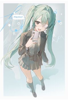 1girl :d absurdres bccch123 border brown_eyes brown_jacket brown_shoes brown_skirt cellphone collared_shirt commentary double-parted_bangs eyepatch full_body green_background green_hair grey_shirt grey_socks hair_between_eyes hatsune_miku highres holding holding_phone jacket loafers long_hair looking_at_viewer medical_eyepatch monitoring_(vocaloid) open_clothes open_jacket open_mouth phone pleated_skirt shirt shoes skirt smartphone smile socks solo speech_bubble standing very_long_hair vocaloid white_border