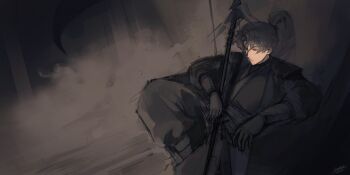 1boy absurdres armor baggy_pants black_eyes black_gloves black_hair black_robe commentary dutch_angle english_commentary expressionless feet_out_of_frame gloves high_ponytail highres holding holding_polearm holding_weapon knee_up leaning_back logicsterrr male_focus pants polearm ponytail robe shadow_slave shoulder_armor sitting solo spear sunny_(shadow_slave) weapon