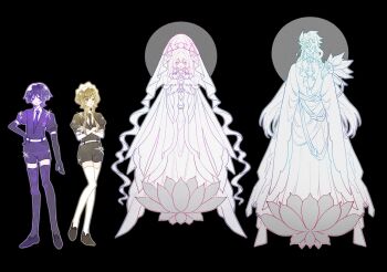 2boys 2girls alternate_costume arms_at_sides asymmetrical_bangs bare_shoulders belt black_background black_gloves black_necktie black_shirt black_shoes black_shorts black_sleeves black_thighhighs blue_eyes blunt_bangs blunt_ends blunt_tresses bright_pupils brown_hair closed_mouth collared_shirt columbina_(genshin_impact) commentary_request crossed_arms dottore_(genshin_impact) dress earrings elbow_gloves eye_mask eyelashes facing_viewer feathered_wings flower genshin_impact gloves hair_ribbon halo halo_behind_head hand_on_own_hip head_wings headdress highres houseki_no_kuni jewelry juliet_sleeves limited_palette liuyun_(liuyun73492) long_bangs long_hair long_sleeves looking_at_another looking_at_viewer lotus mask multiple_boys multiple_girls multiple_wings necktie parody puffy_sleeves purple_eyes purple_hair ribbon robe sandrone_(genshin_impact) scaramouche_(genshin_impact) shirt shoes short_hair short_hair_with_long_locks short_sleeves shorts sidelocks sleeves_past_fingers sleeves_past_wrists smile swept_bangs thighhighs traditional_halo tress_ribbon tsurime undershirt v-neck veil very_long_hair white_belt white_gloves white_pupils white_shirt white_thighhighs wing_collar wing_ornament wings