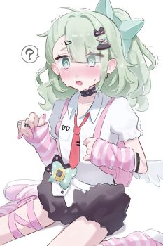 1girl ? @_@ bandaid bandaid_hair_ornament black_skirt blush chinatsu_remiel collar collarbone earrings fang fur-trimmed_skirt fur_trim green_eyes green_hair hair_ornament heart heart_hair_ornament highres jewelry leg_warmers moe_nayo multiple_hair_clips multiple_rings musical_note_earrings necktie open_mouth pink_arm_warmers pink_bag pink_leg_warmers pink_nails pink_shoes ponytail red_necktie ring shirt shoes simple_background sitting skin_fang skirt solo spoken_question_mark striped_arm_warmers striped_leg_warmers sweat tearing_up trembling wariza white_background white_shirt winged_bag zenless_zone_zero