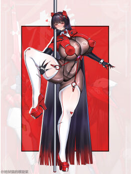 Rule 34 | 1girl, absurdly long hair, absurdres, black hair, blush, bodystocking, bodysuit, breasts, ccga17, covered erect nipples, covered navel, full body, gloves, heart, high heels, highres, hime cut, huge breasts, long hair, looking at viewer, maree rouge (crosscore), platform heels, pole, red eyes, science fiction, see-through clothes, smile, solo, standing, standing on one leg, stripper pole, thick thighs, thighhighs, thighs, very long hair, white thighhighs