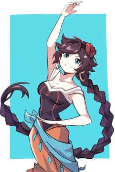 1girl agnea_bristarni blue_background blue_eyes border breasts brown_hair cleavage closed_mouth dancer dot_nose flower hair_flower hair_ornament hashtag-only_commentary long_hair looking_at_viewer medium_breasts mh7471778854146 octopath_traveler octopath_traveler_ii outside_border red_flower smile solo standing very_long_hair white_border