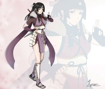 1girl alternate_costume armor black_hair bodystocking breasts fire_emblem fire_emblem_awakening fire_emblem_heroes fishnet_bodystocking fishnets grey_eyes headband highres japanese_armor japanese_clothes kunai long_hair lynarc medium_breasts nintendo ponytail purple_scarf say'ri_(fire_emblem) scarf shoulder_armor shoulder_guard sode standing weapon zoom_layer