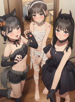 3girls :3 :d :o animal_ear_hairband animal_ears bandages black_dress black_gloves black_hair black_hairband black_shorts bow cat_ears claw_pose commentary_request demon_tail door dress dress_bow elbow_gloves fake_animal_ears fake_blood fake_horns fingerless_gloves front_bow gloves hair_bow hair_ribbon hairband halloween halloween_costume highres horn_hairband horns looking_at_viewer midriff multiple_girls naked_bandage navel neck_ribbon open_door open_mouth orange_bow original parted_lips ribbon shorts smile spaghetti_strap standing stomach tail tongue yukishima_momo