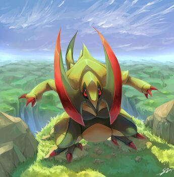 absurdres black_sclera claws colored_sclera day gen_5_pokemon grass haxorus highres likey mixed-language_commentary nintendo no_humans outdoors pokemon pokemon_(creature) pokemon_focus red_eyes rock signature sky solo standing