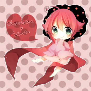 Rule 34 | 10s, 1girl, ahoge, bad id, bad pixiv id, barefoot, blush, charlotte (madoka magica), chibi, female focus, green eyes, heart, hood, long sleeves, mahou shoujo madoka magica, mahou shoujo madoka magica (anime), nayuta (artist), nayuta (scarlet-noize), personification, pink hair, polka dot, polka dot background, solo