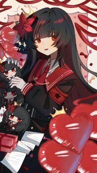 1girl :d armband balloon black_hair black_shirt black_skirt blunt_bangs box character_doll chibi chinese_commentary commentary_request cowboy_shot crown doll flower gift gift_box hair_flower hair_ornament heart_balloon highres long_hair long_sleeves looking_at_viewer mahou_shoujo_no_majo_saiban necktie nikaido_hiro open_mouth paper red_armband red_eyes red_flower red_necktie red_ribbon ribbon shirt skirt smile solo standing star_(xinjinjumin734541061046) textless_version