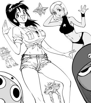 absurdres angol_mois axis_(gundam) bb_(baalbuddy) big_zam commentary denim denim_shorts english_commentary giroro greyscale gundam high_ponytail highres hinata_aki keroro keroro_gunsou long_hair looking_at_viewer mecha medium_hair mobile_suit_gundam monochrome navel ponytail robot round_eyewear shorts white_background zaku_ii