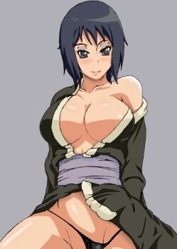 1girl black_hair blush breasts cleavage eyeshadow female_focus japanese_clothes large_breasts lipstick makeup naruto:_road_to_ninja naruto_(series) naruto_shippuuden no_bra open_clothes panties shizune_(naruto) short_hair smile solo underwear