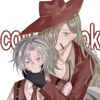 1boy 1girl aqua_eyes black_gloves blonde_hair blood blood_on_face cigar collared_shirt gloves grey_hair grin hair_over_one_eye hand_on_another's_face hat highres jacket limbus_company long_hair looking_at_viewer lucio_(project_moon) millaligusticum necktie one_eye_covered partially_unbuttoned pink_eyes project_moon red_hat red_jacket red_necktie red_vest shirt smile smoking valencina_(project_moon) vest white_background white_shirt