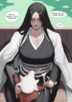 1girl black_hair bleach bleach:_sennen_kessen-hen bone breasts crossover cubone english_text gen_1_pokemon haori highres holding holding_bone japanese_clothes large_breasts long_hair mpdruid nintendo pokemon scar scar_on_chest shihakusho sitting skull speech_bubble unohana_retsu