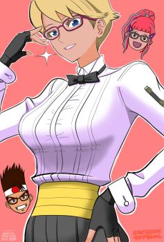 1boy 2025 2girls blonde_hair blue_eyes breasts brown_hair dated fatal_fury fatal_fury:_city_of_the_wolves female_focus geta0201 glasses gloves highres joe_higashi king_(snk) large_breasts long_sleeves looking_at_viewer multiple_girls preecha_(fatal_fury) red_hair ryuuko_no_ken shirt short_hair smile snk the_king_of_fighters