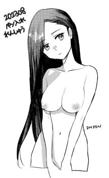 1girl breasts collarbone commentary_request cropped_torso dated greyscale hair_down head_tilt highres hitsuki_(hiidukii) honzuki_no_gekokujou large_breasts long_hair monochrome myne_(honzuki_no_gekokujou) navel nipples solo translation_request upper_body
