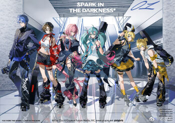 2boys 4girls :p ahoge aqua_eyes aqua_hair bandana_around_arm bare_shoulders bass_clef black_jacket black_pants blonde_hair bracelet breasts brother_and_sister chinese_commentary clothing_cutout commentary_request copyright_logo copyright_notice criss-cross_strings cross-laced_clothes cross-laced_cutout escalator frilled_skirt frills full_body gradient_hair hair_between_eyes hair_intakes hair_ornament hairband hairclip hand_in_pocket hand_on_own_hip hand_up hands_on_own_knees hatsune_miku hood hoodie instrument_case instrument_case_on_back jacket jewelry kagamine_len kagamine_rin kaito_(vocaloid) large_breasts leaning_forward leg_warmers logo long_hair megurine_luka meiko_(vocaloid) midriff miniskirt multicolored_hair multiple_boys multiple_girls multiple_necklaces navel neckerchief necklace number_tattoo off-shoulder_jacket off_shoulder official_alternate_costume official_art pants parallel_hairclips ponytail punk shirt short_hair short_ponytail siblings skirt small_breasts spiked_boots spiked_bracelet spikes standing strapless striped_clothes striped_thighhighs tattoo thigh_cutout thigh_strap thighhighs tongue tongue_out treble_clef tube_top twintails very_long_hair vocaloid watermark weibo_username weibo_watermark white_hoodie white_shirt white_tube_top z3zz4 zettai_ryouiki
