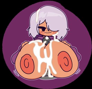 1boy 1girl bad_id bad_twitter_id breasts breasts_out closed_mouth cum cum_on_body cum_on_breasts cum_on_hair cum_on_penis cum_on_upper_body dark-skinned_female dark_skin excessive_cum facial grey_hair grimm&#039;s_hollow hair_over_one_eye hetero hood hood_down hoodie huge_breasts jitome lavender_(grimm&#039;s_hollow) mob_face motion_lines nipples outline paizuri penis purple_hoodie short_hair smug spiral_cheeks spurhuns white_outline