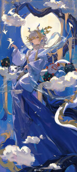 1girl absurdres ambience_synesthesia annotated arknights bare_shoulders blonde_hair blue_hair blue_skirt branch chinese_commentary choker chongyue_(arknights) commentary_request dragon_bubble_(arknights) dragon_girl dragon_horns dragon_tail dress dusk_(arknights) earrings eyeliner floating full_body grey_eyes hagoromo hair_between_eyes highres horns jewelry ji_(arknights) ling_(arknights) long_hair long_skirt long_sleeves looking_at_viewer makeup multicolored_hair necklace nian_(arknights) off_shoulder official_alternate_costume on_branch orange_eyeliner parted_lips pearl_necklace pointy_ears see-through_clothes shawl shu_(arknights) shu_(bingwenyuyou)_(arknights) sitting skirt solo tail toto_(caaaaarrot) train_(clothing) very_long_hair wang_(arknights) watermark weibo_watermark white_dress white_hair white_shawl wide_sleeves yellow_choker yu_(arknights)