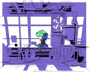 1girl adapted_costume backlighting bare_shoulders black_shirt blue_skirt boots newsboy_cap cable canister coat desk electric_fan expressionless female_focus flat_cap gloves green_boots green_gloves green_hat hair_bobbles hair_ornament hat indoors kawashiro_nitori key looking_to_the_side moyazou_(kitaguni_moyashi_seizoujo) on_desk plug rubber_boots shadow shirt sitting skirt solo sunlight tank_top touhou two_side_up unworn_coat windmill window wire