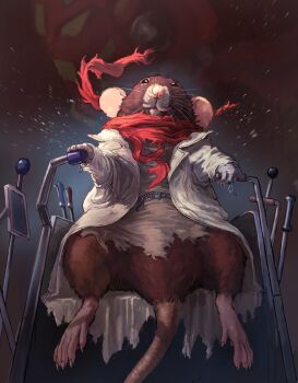 1boy animal animalization bandaged_hand bandages broken_handcuffs chain_belt clothed_animal cockpit commentary commission english_commentary full_body getter_robo lever looking_at_viewer male_focus mouse_(animal) nagare_ryoma nejumipro red_scarf scarf shin_getter_robo shirt sitting skeb_commission solo torn_clothes torn_coat torn_scarf torn_shirt