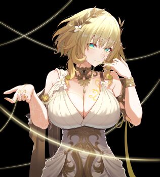 1girl absurdres aglaea_(honkai:_star_rail) ancient_greek_clothes artist_name bare_shoulders black_background blonde_hair bracelet breast_tattoo breasts cleavage commentary_request dress gold_bracelet greco-roman_clothes green_eyes hair_ornament hands_up highres honkai:_star_rail honkai_(series) jewelry large_breasts laurel_crown looking_at_viewer mouth_hold revision short_hair simple_background solo taro_(peach_taro51) tattoo thread upper_body white_dress