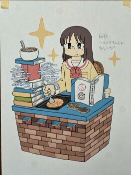 1girl :t arawi_keiichi book book_stack bowl brown_hair closed_mouth cooking glasses highres holding holding_book long_hair long_sleeves minakami_mai nichijou open_book parted_bangs school_uniform shirt simple_background solo sparkle tokisadame_school_uniform traditional_media translation_request white_background yellow_shirt