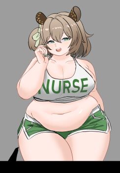 1girl animal_ears belly breasts brown_hair cleavage crop_top fat fat_woman green_eyes green_nails green_shorts grey_background hair_ribbon highres indie_virtual_youtuber large_breasts midriff navel nimi_nightmare open_mouth peagade plump ribbon shirt short_hair short_shorts short_side_ponytail shorts sleeveless solo standing tank_top tapir_ears tapir_girl thick_thighs thighs virtual_youtuber white_shirt wide_hips