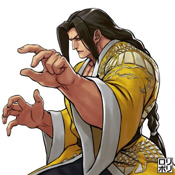 1boy black_hair black_pants braid brown_eyes chinese_clothes fatal_fury fighting_stance garou:_mark_of_the_wolves gato_(snk) highres jamrolypoly long_hair looking_at_viewer male_focus muscular muscular_male pants shirt simple_background single_braid solo tangzhuang the_king_of_fighters the_king_of_fighters_xv white_background yellow_shirt