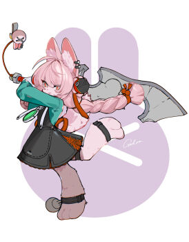 1girl animal_ear_fluff animal_ear_piercing animal_ears animal_feet anklet braid braided_twintails bright_pupils charm_(object) closed_mouth from_side full_body furry furry_female gohan_(gohanchang) green_shirt hashtag-only_commentary highres holding holding_sword holding_weapon jewelry looking_at_viewer medallion pink_fur pink_hair purple_background rabbit_ears rabbit_girl red_eyes screw shirt short_eyebrows signature smile solo standing standing_on_one_leg sword thick_eyebrows two-tone_background weapon white_background white_pupils zenless_zone_zero zhao_(zenless_zone_zero)